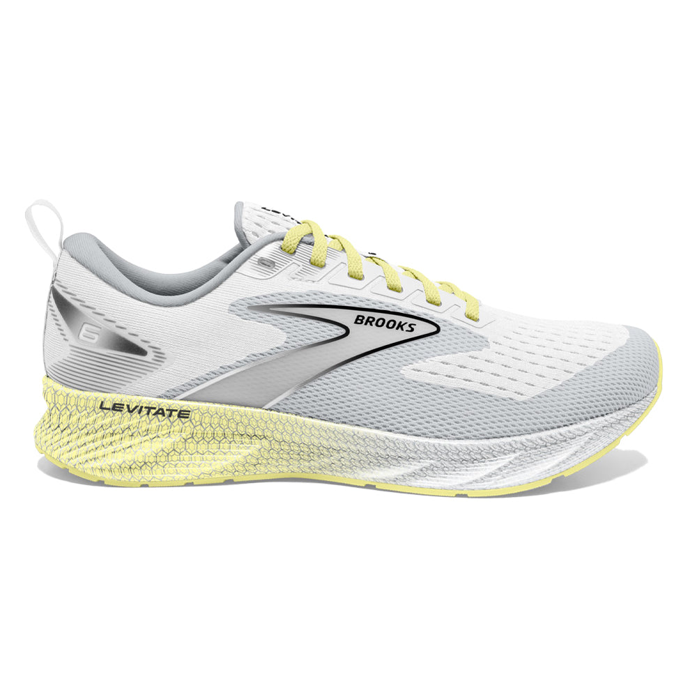 Women's Brooks Levitate 6, White/Oyster/Yellow, 6 B Medium
