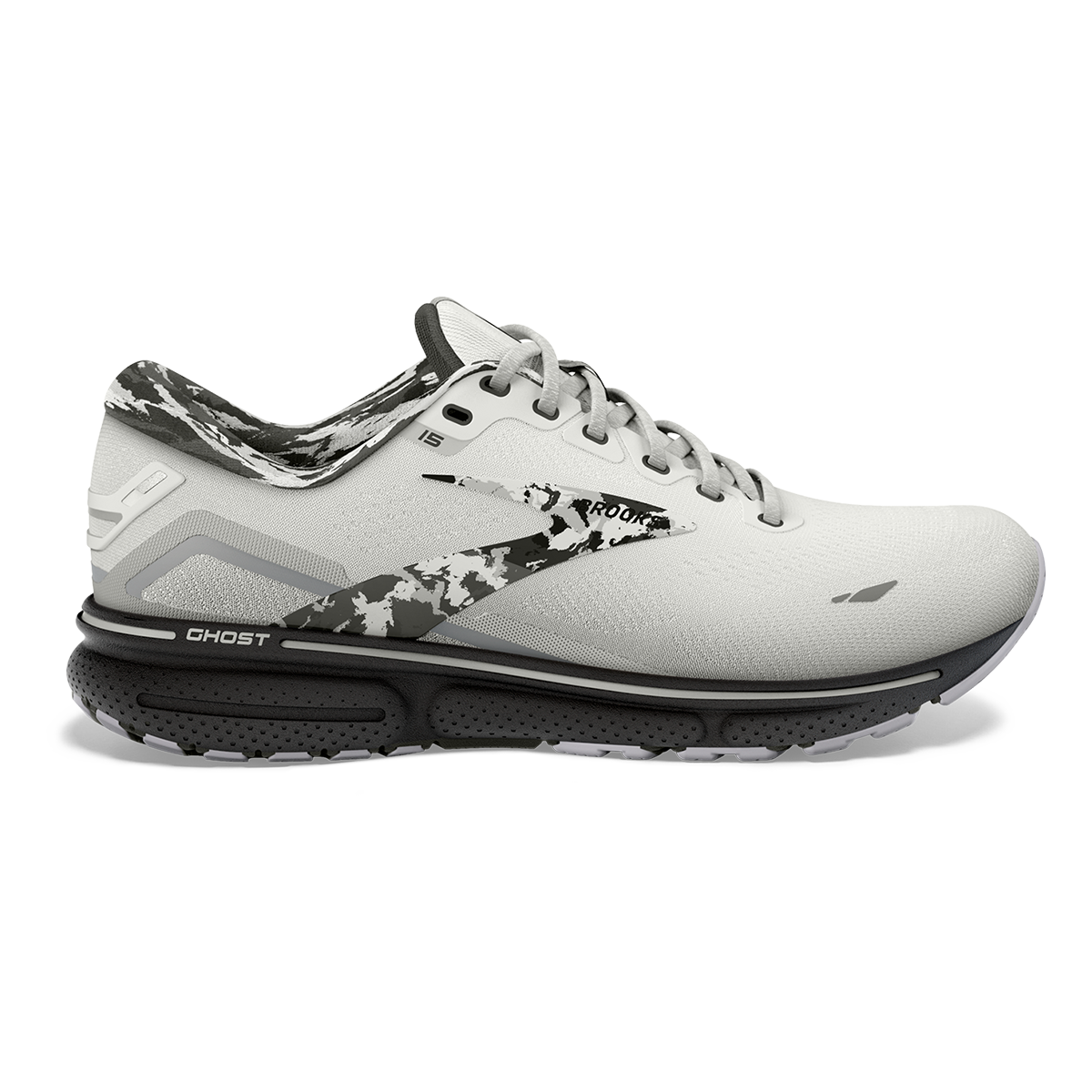 Men's Brooks Ghost 15, White/Ebony/Oyster, 8.5 D Medium