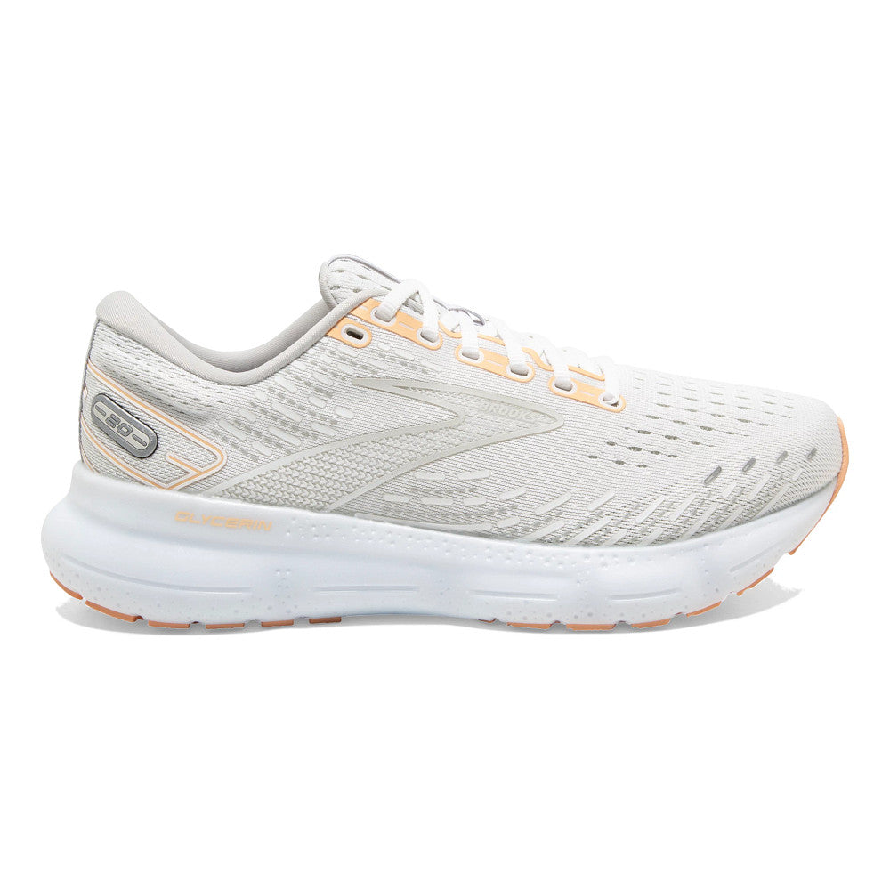 Women's Brooks Glycerin 20, White/Grey/Peach, 7.5 B Medium